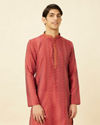 alt message - Manyavar Men Coral Red Diamond Printed Kurta Set image number 0