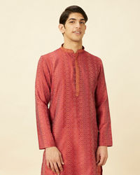 Manyavar Men Coral Red Diamond Printed Kurta Set