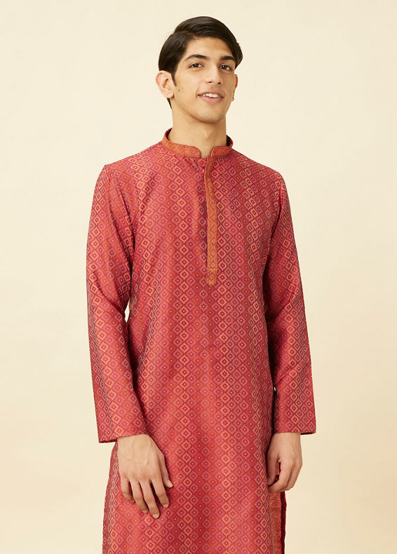 Manyavar Men Coral Red Diamond Printed Kurta Set