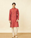 Manyavar Men Coral Red Diamond Printed Kurta Set