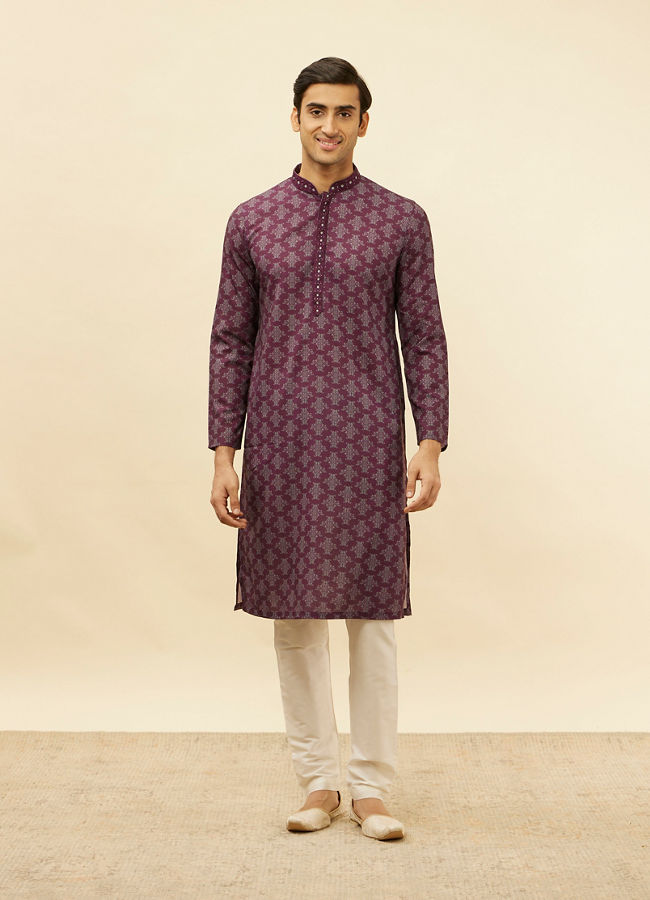 Manyavar Men Mauve Wine Kaleidoscopic Printed Kurta Set