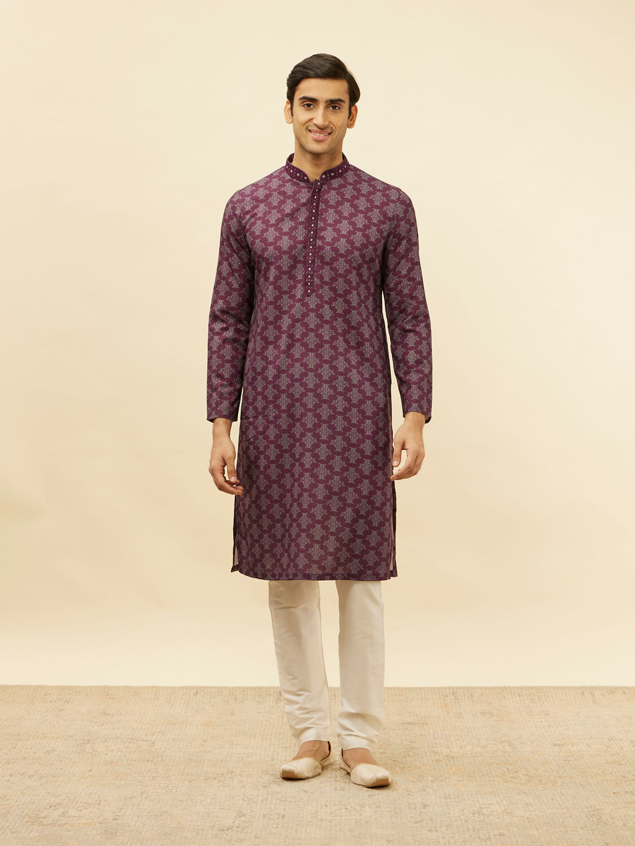 Manyavar Men Mauve Wine Kaleidoscopic Printed Kurta Set