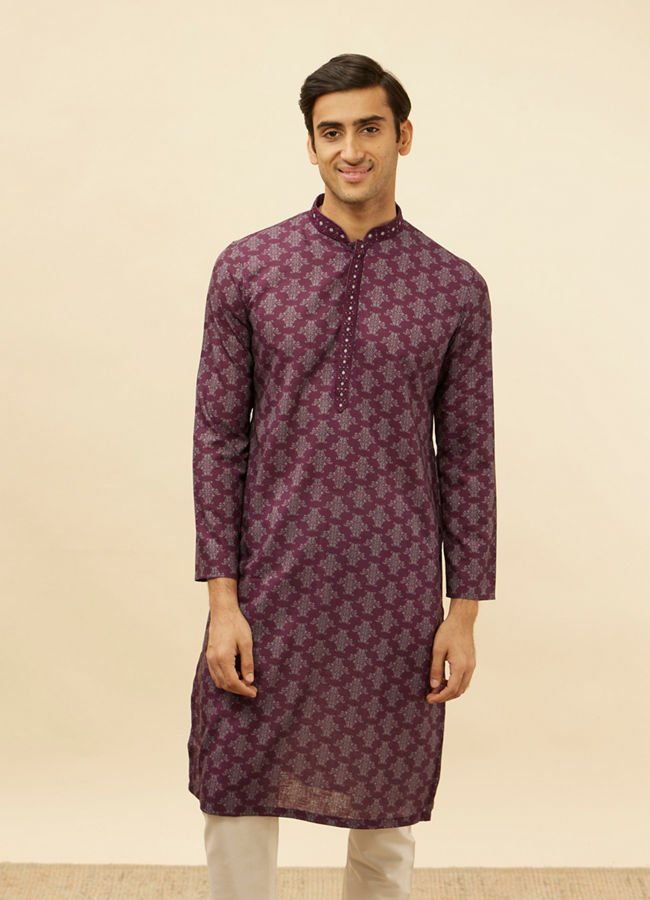 Manyavar Men Mauve Wine Kaleidoscopic Printed Kurta Set