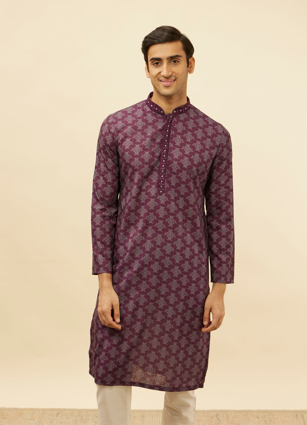 Manyavar Men Mauve Wine Kaleidoscopic Printed Kurta Set