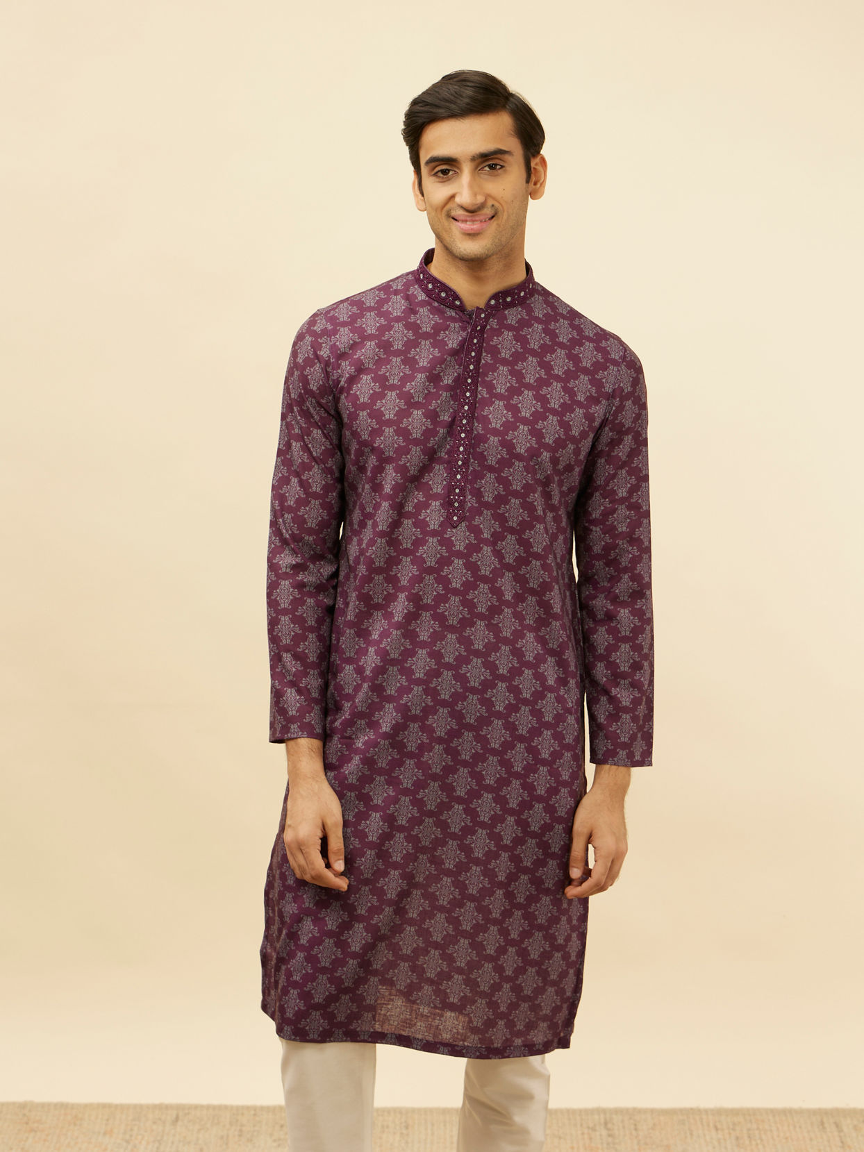 Manyavar Men Mauve Wine Kaleidoscopic Printed Kurta Set