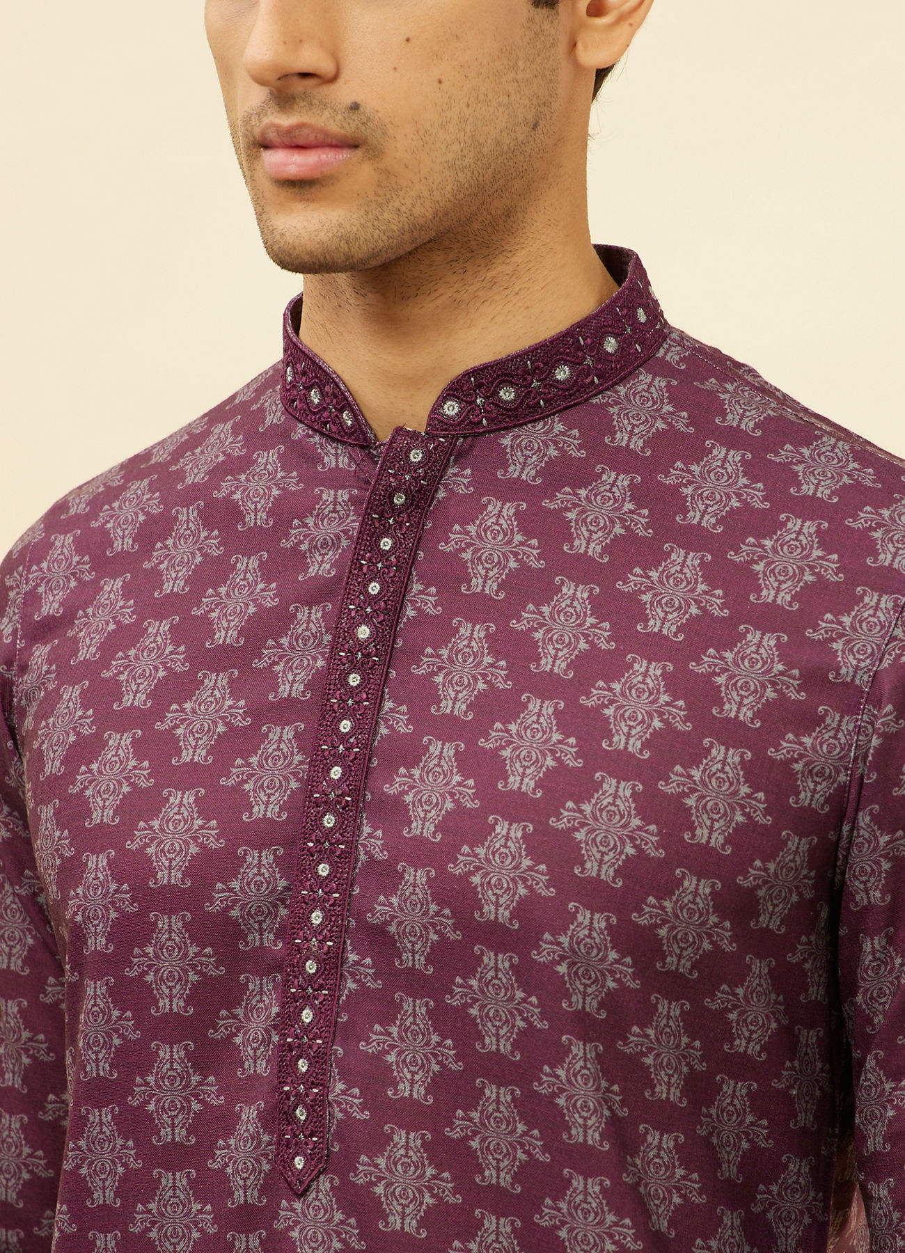 Manyavar Men Mauve Wine Kaleidoscopic Printed Kurta Set