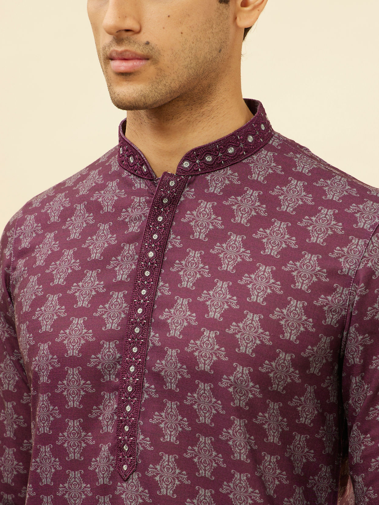 Manyavar Men Mauve Wine Kaleidoscopic Printed Kurta Set