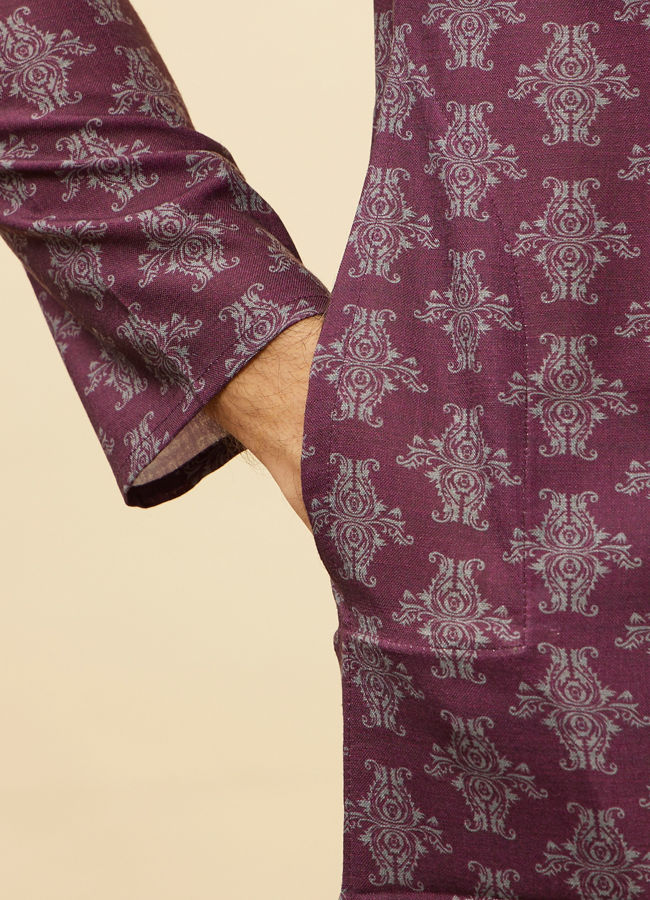 Manyavar Men Mauve Wine Kaleidoscopic Printed Kurta Set