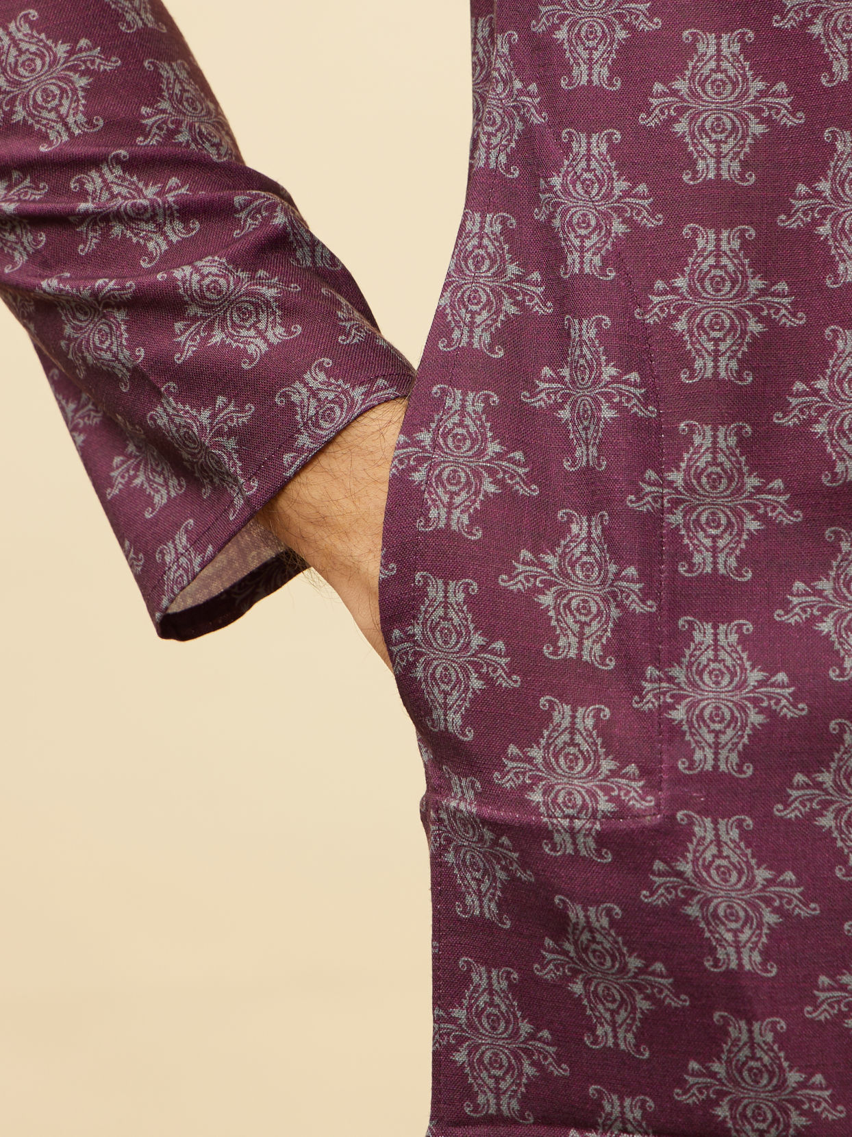 Manyavar Men Mauve Wine Kaleidoscopic Printed Kurta Set