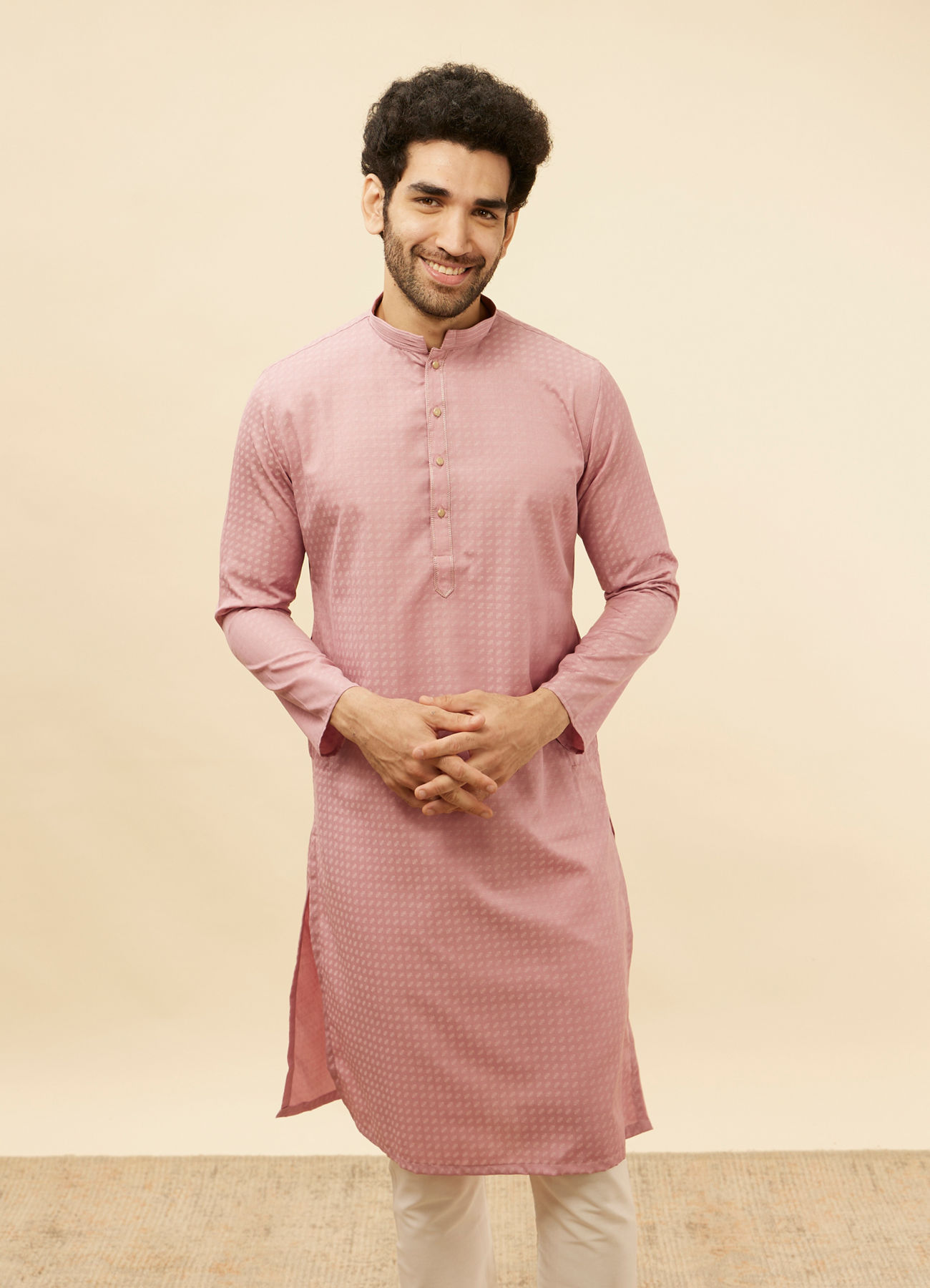 Manyavar Men Rose Pink Self Patterned Kurta Set