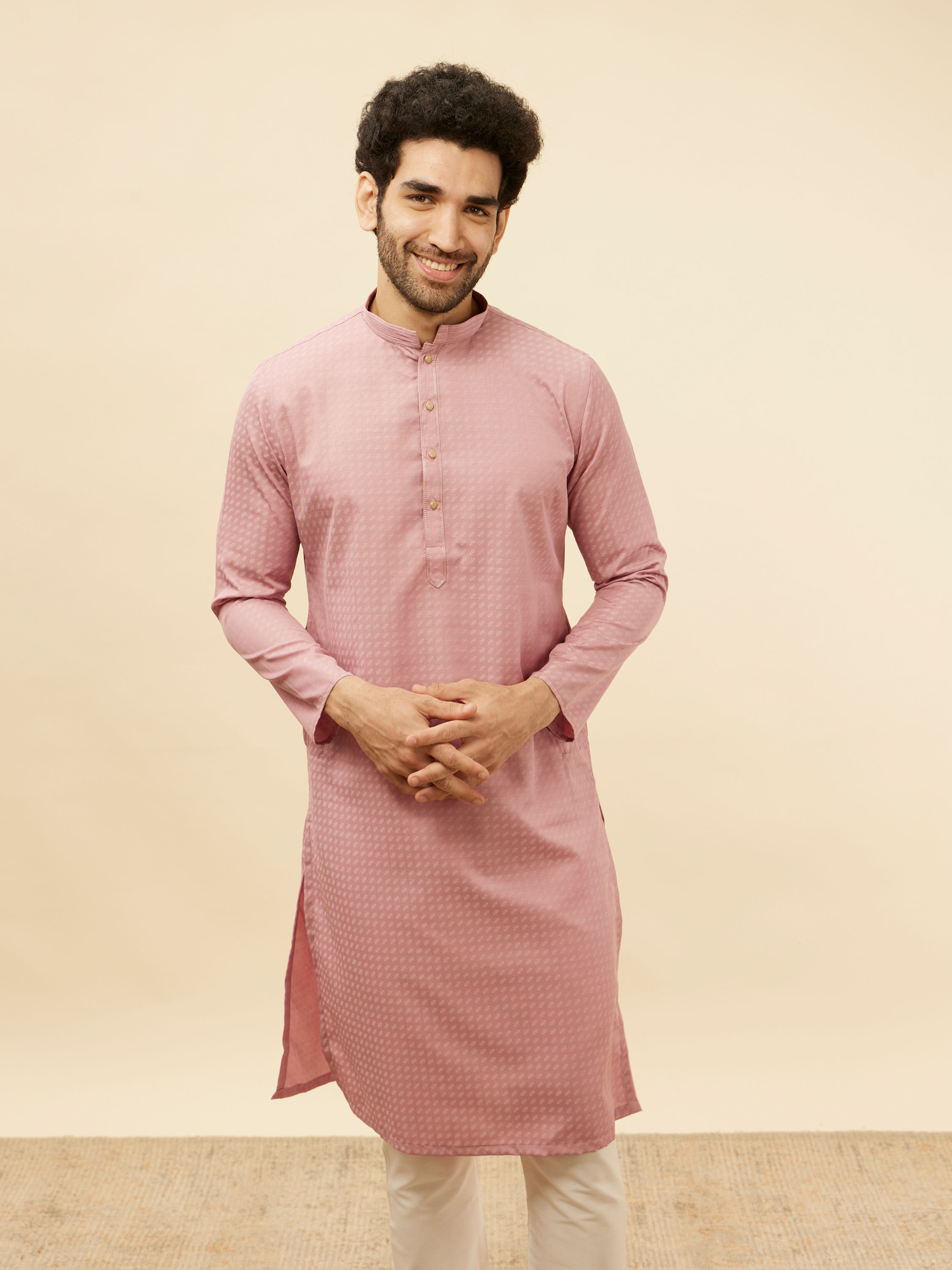 Manyavar Men Rose Pink Self Patterned Kurta Set