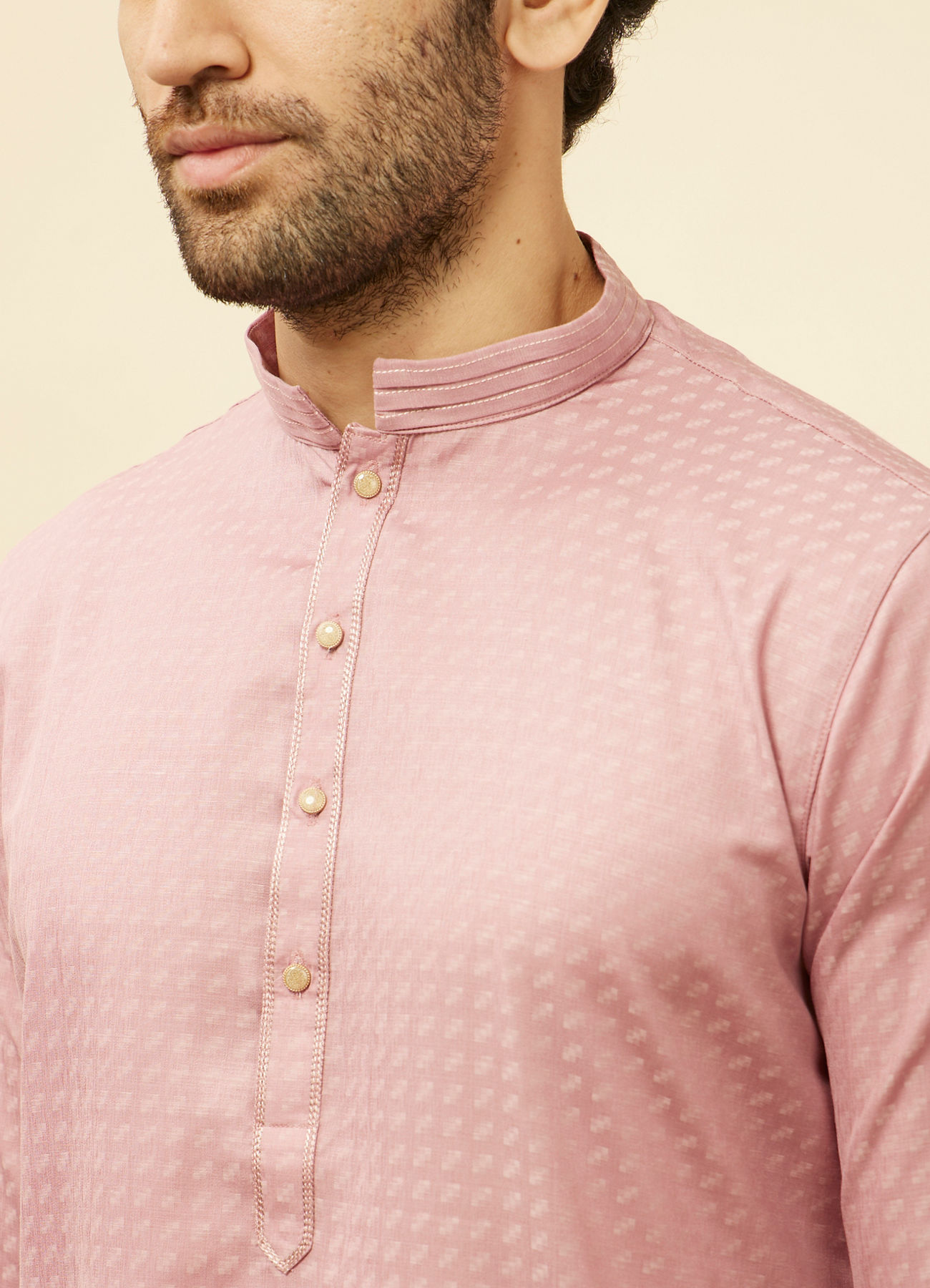 Manyavar Men Rose Pink Self Patterned Kurta Set