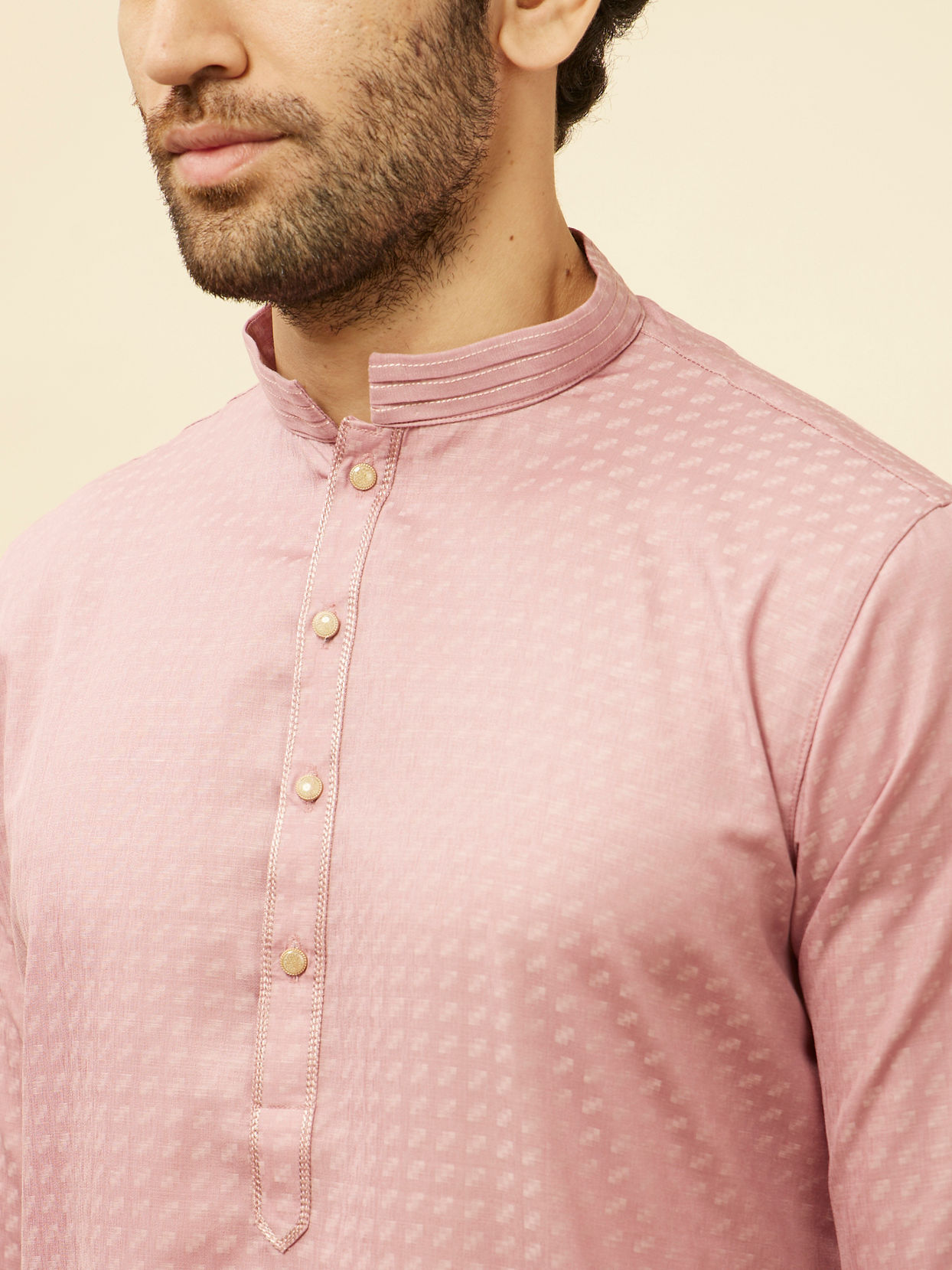 Manyavar Men Rose Pink Self Patterned Kurta Set