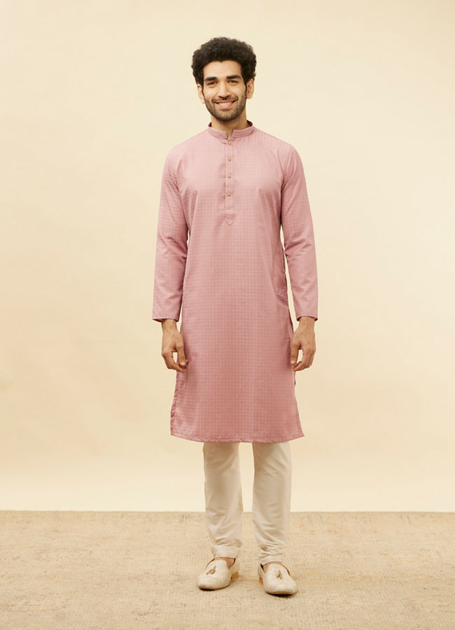 Manyavar Men Rose Pink Self Patterned Kurta Set