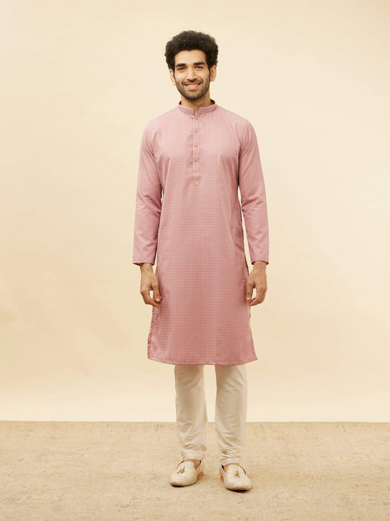 Manyavar Men Rose Pink Self Patterned Kurta Set