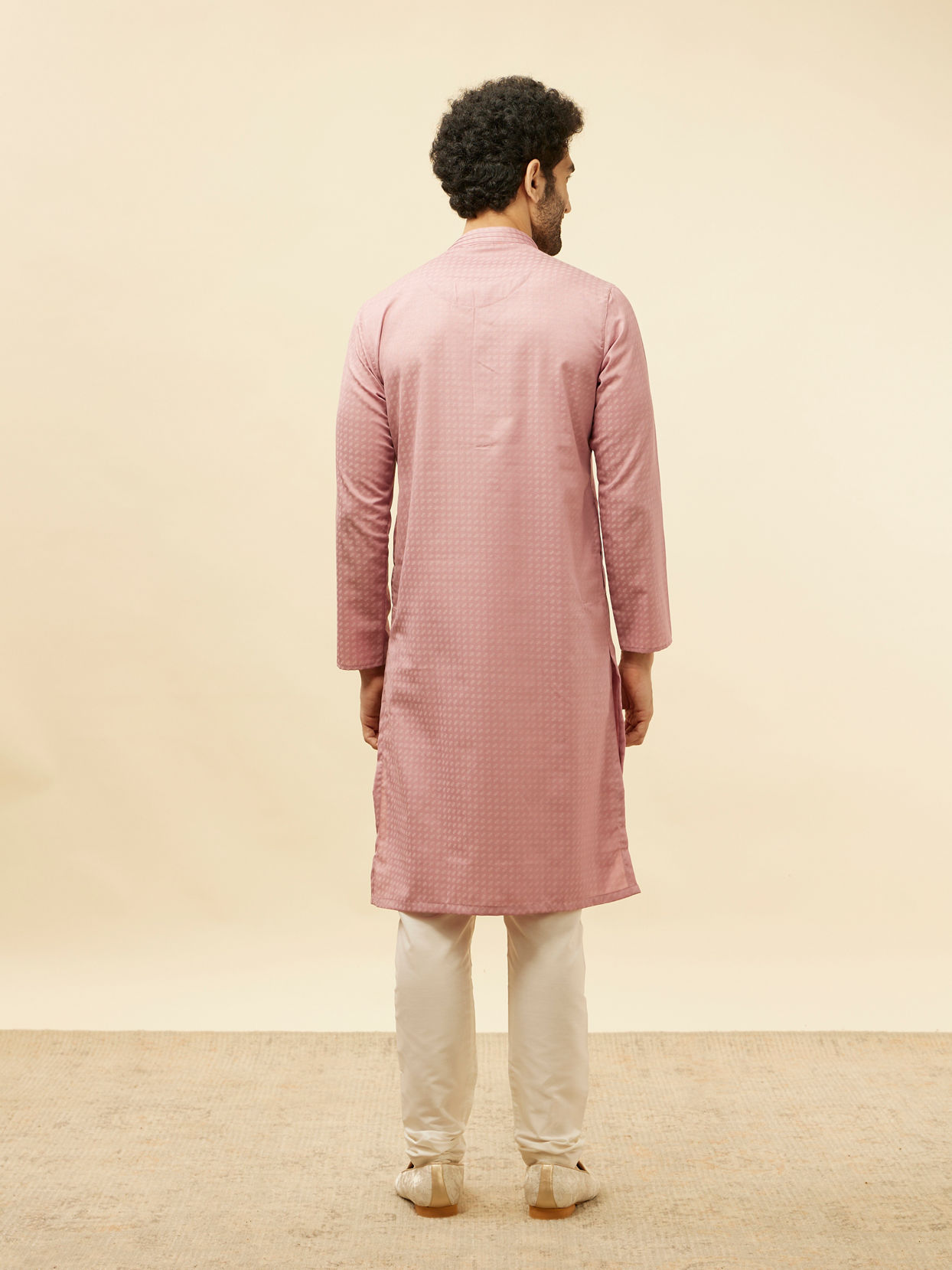 Manyavar Men Rose Pink Self Patterned Kurta Set