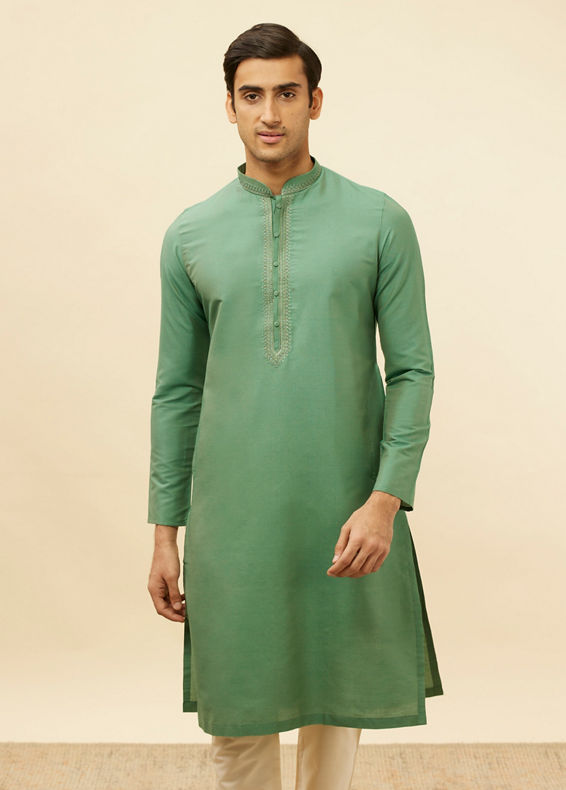Manyavar Men Emerald Green Embroidered Neckline Kurta Set