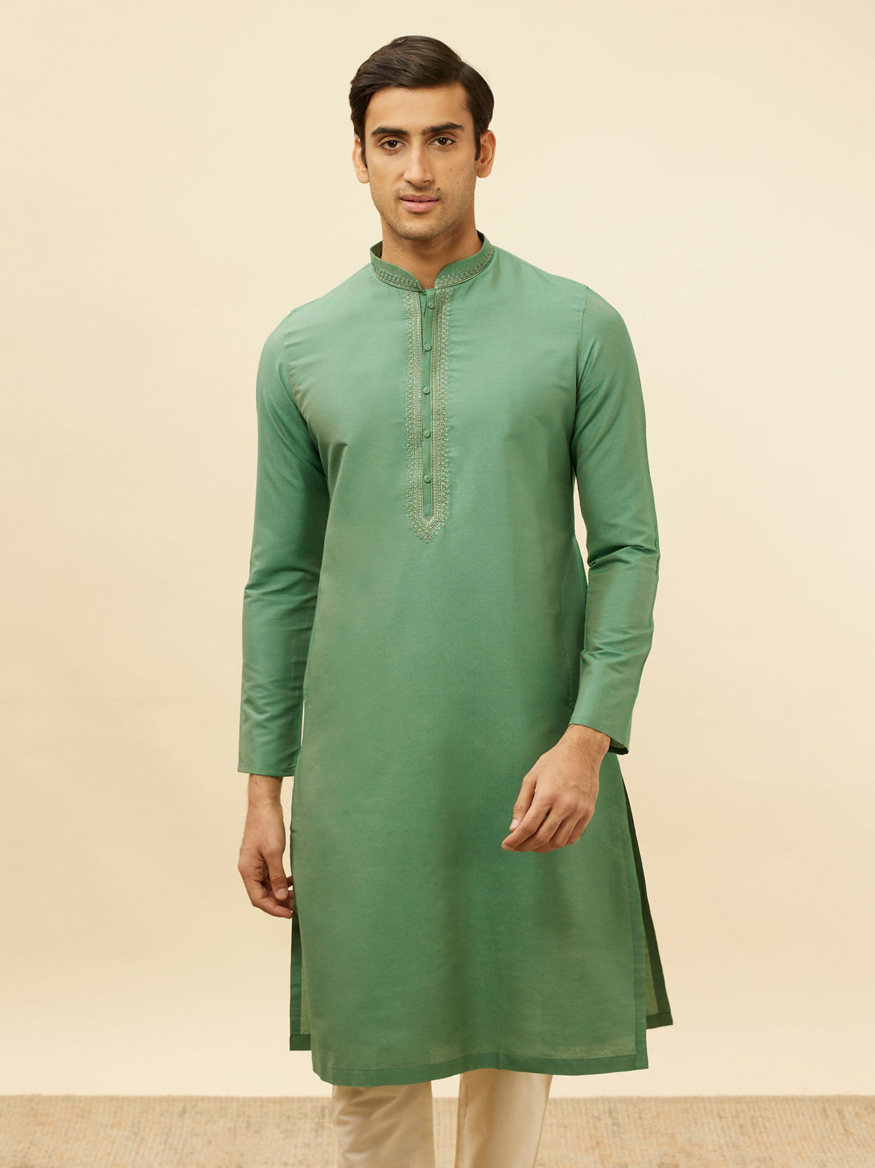 Manyavar Men Emerald Green Embroidered Neckline Kurta Set