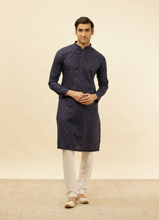 Manyavar Men Dark Blue Leaf Print Kurta Set