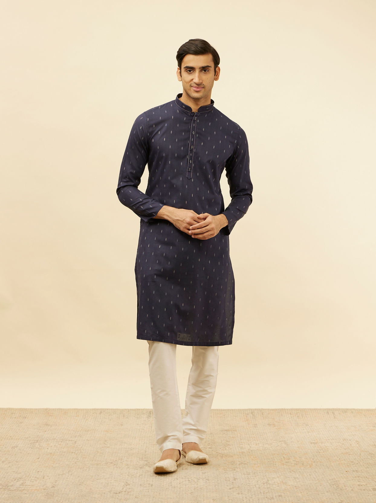 Manyavar Men Dark Blue Leaf Print Kurta Set