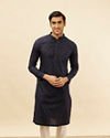 Manyavar Men Dark Blue Leaf Print Kurta Set