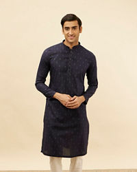 Manyavar Men Dark Blue Leaf Print Kurta Set