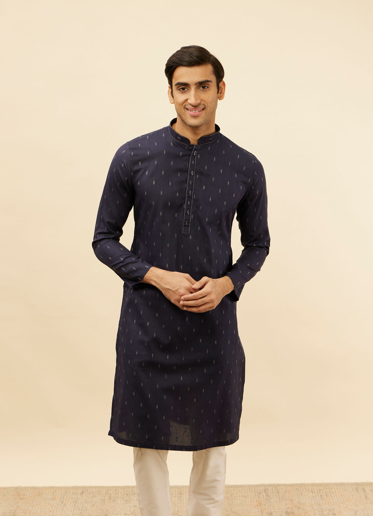 Manyavar Men Dark Blue Leaf Print Kurta Set