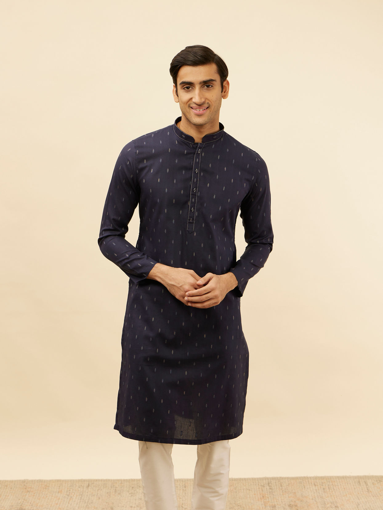 Manyavar Men Dark Blue Leaf Print Kurta Set