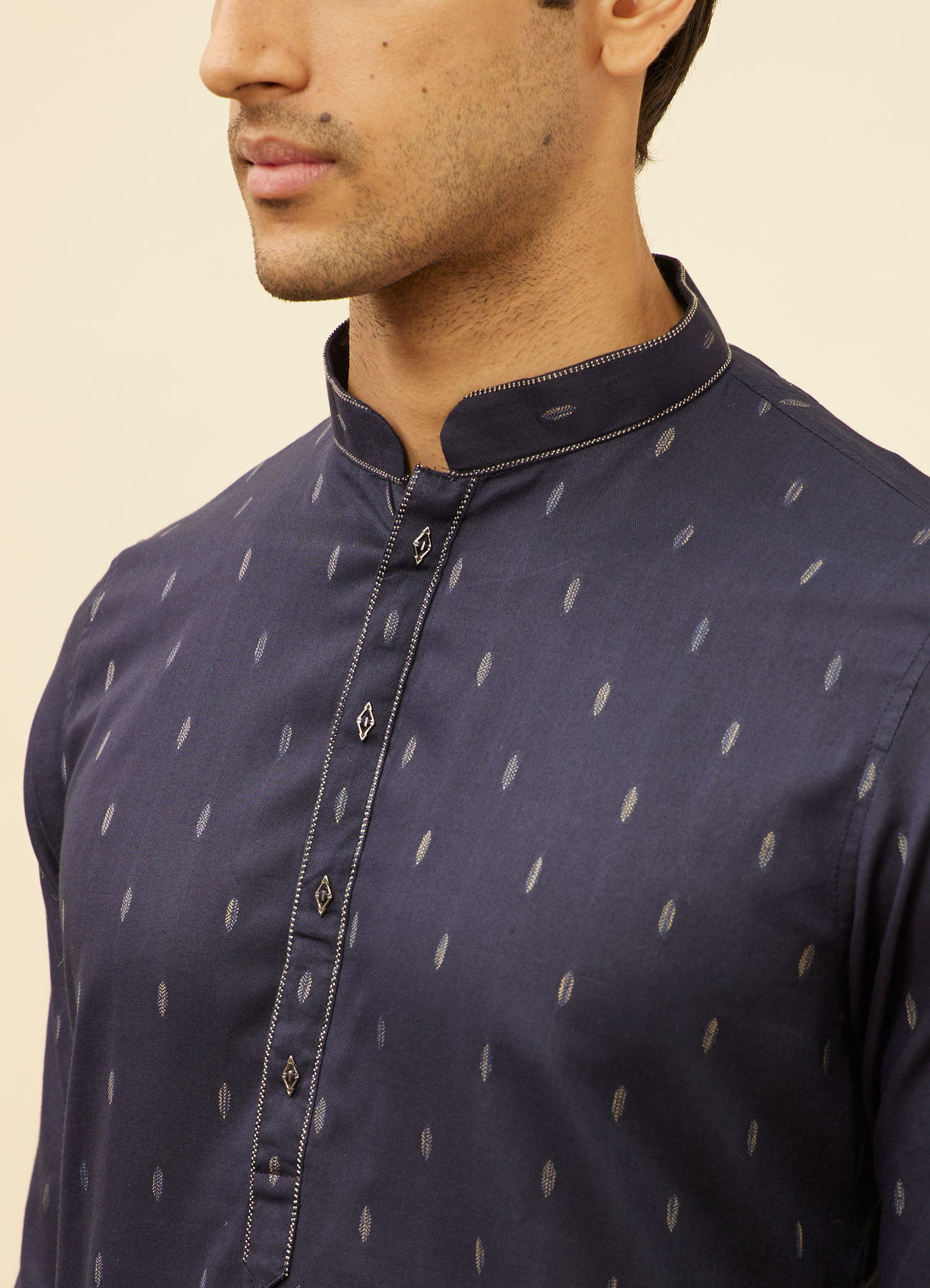 Manyavar Men Dark Blue Leaf Print Kurta Set