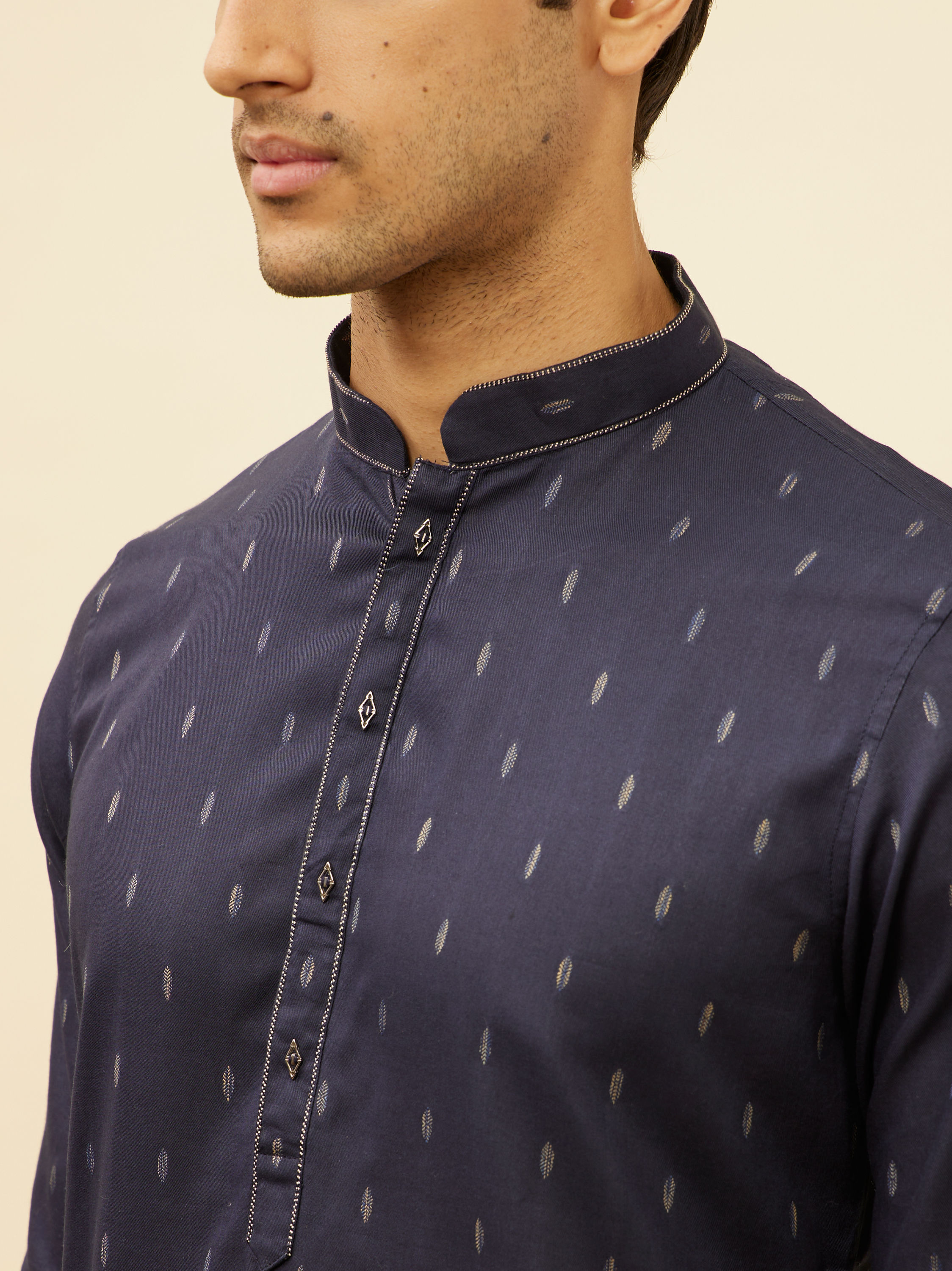 Manyavar Men Dark Blue Leaf Print Kurta Set