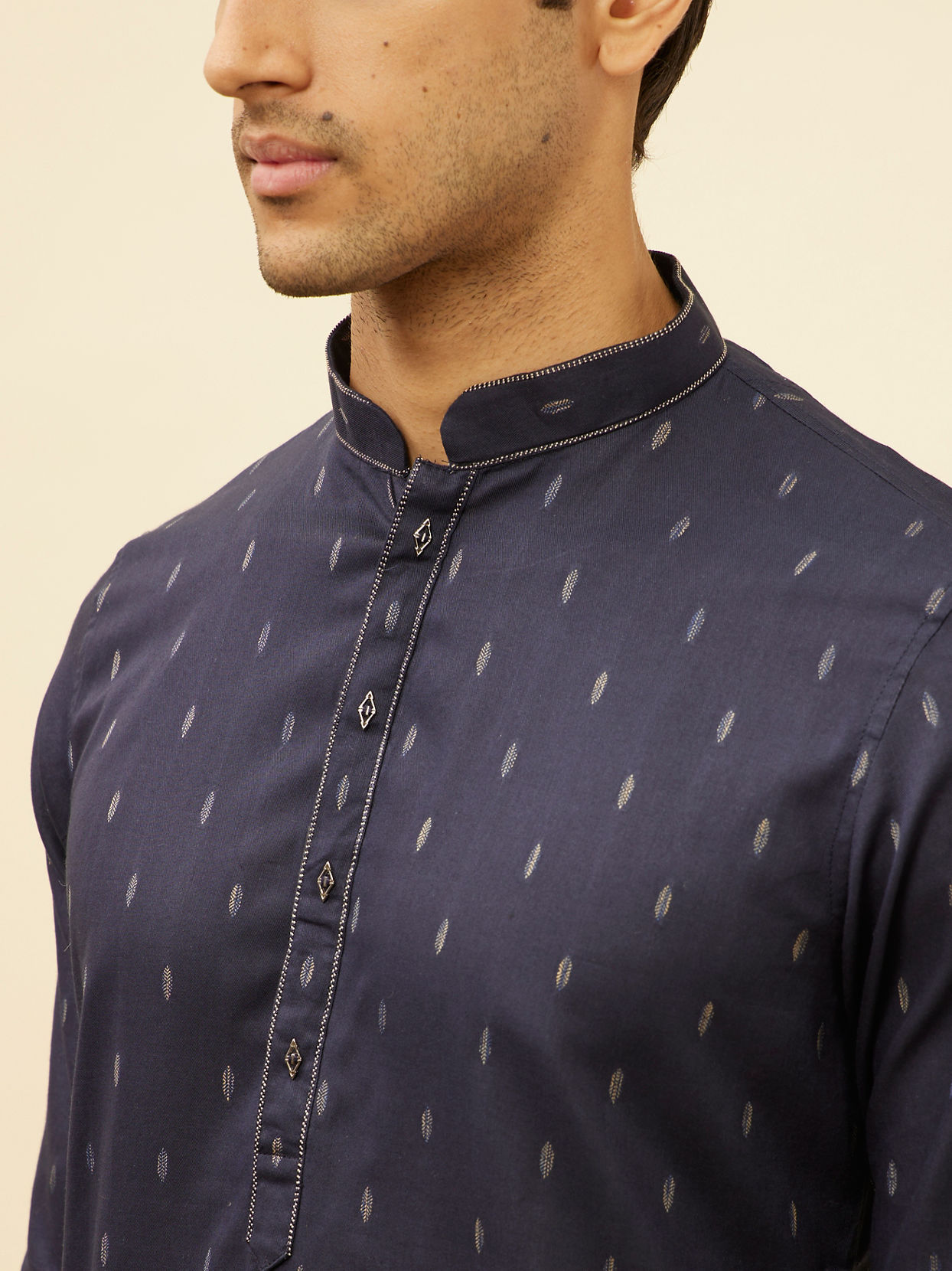 Manyavar Men Dark Blue Leaf Print Kurta Set