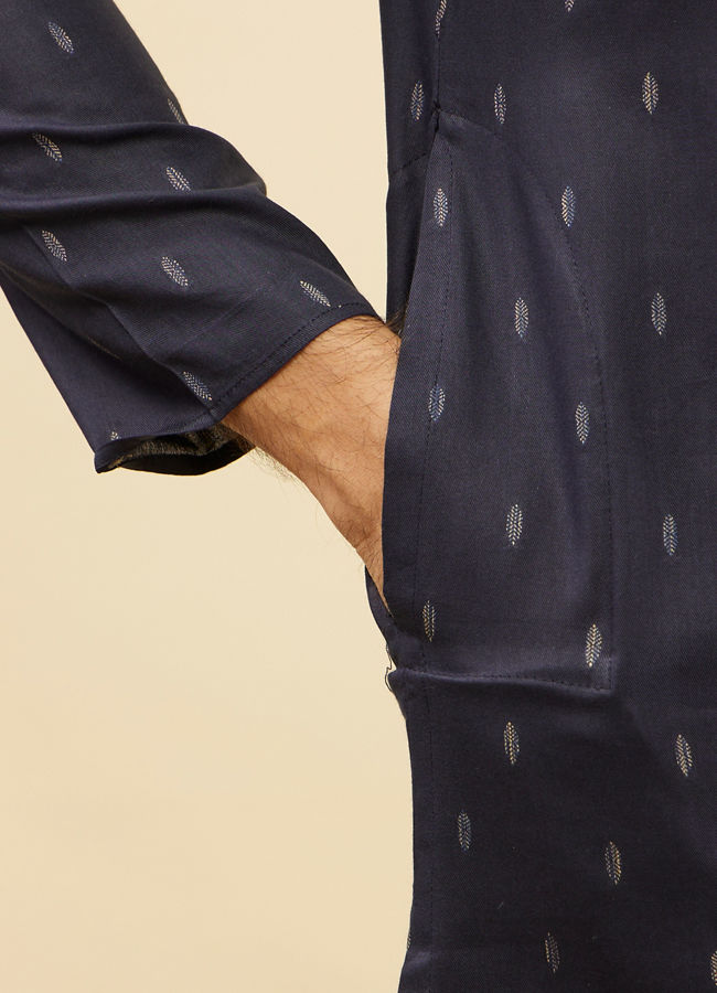 Manyavar Men Dark Blue Leaf Print Kurta Set