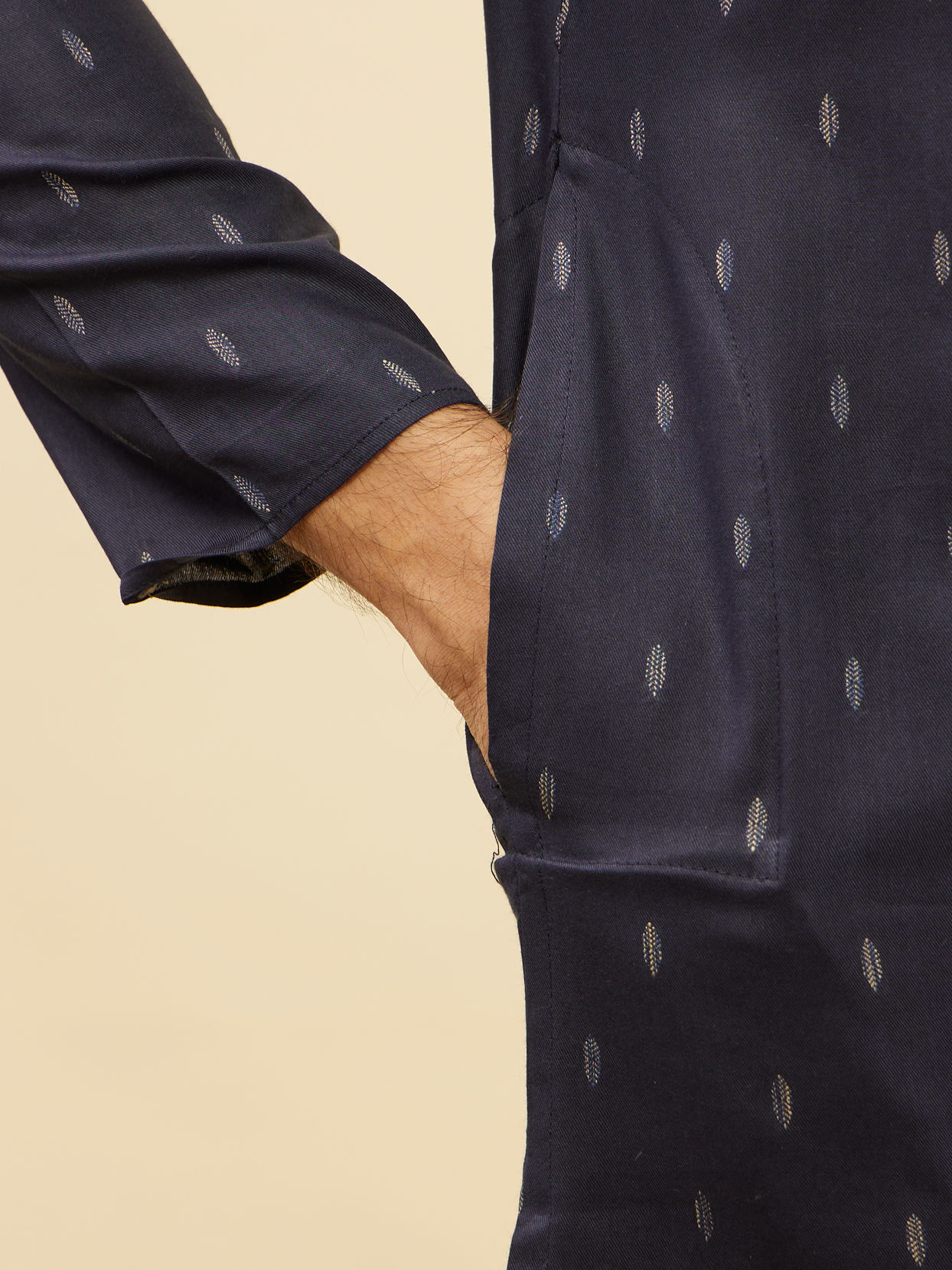 Manyavar Men Dark Blue Leaf Print Kurta Set