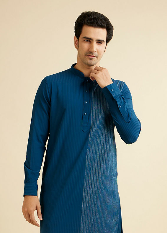 Manyavar Men Teal Blue Linear Patterned Kurta Set