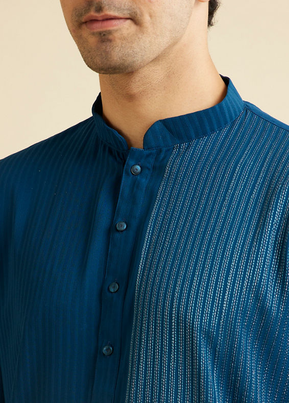 Manyavar Men Teal Blue Linear Patterned Kurta Set