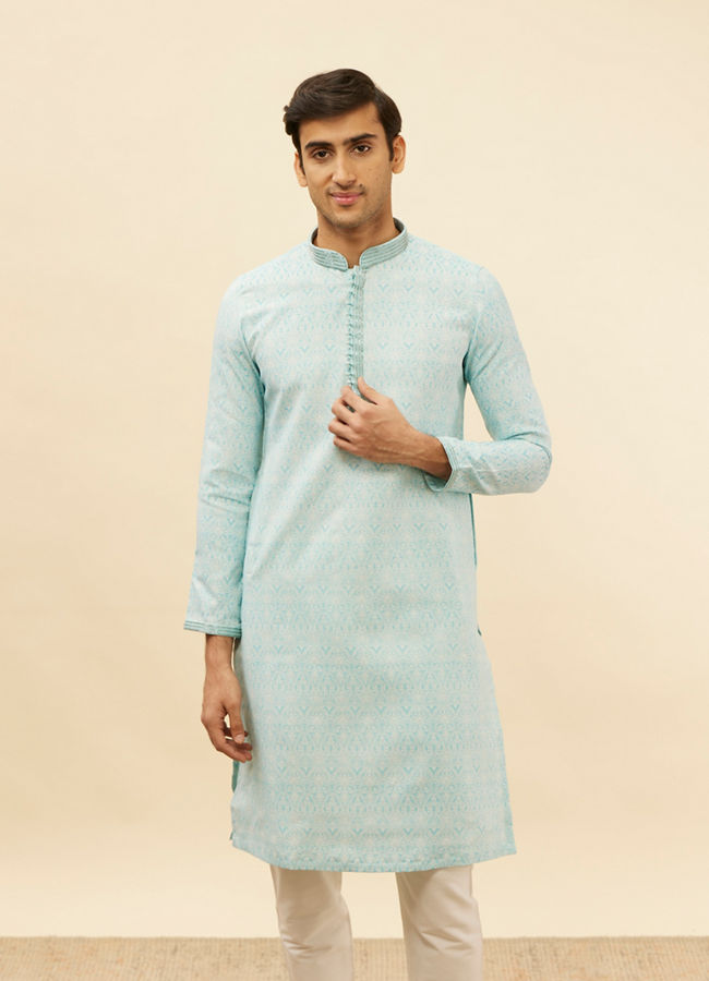 Manyavar Men Sea Blue Imperial Patterned Kurta Set