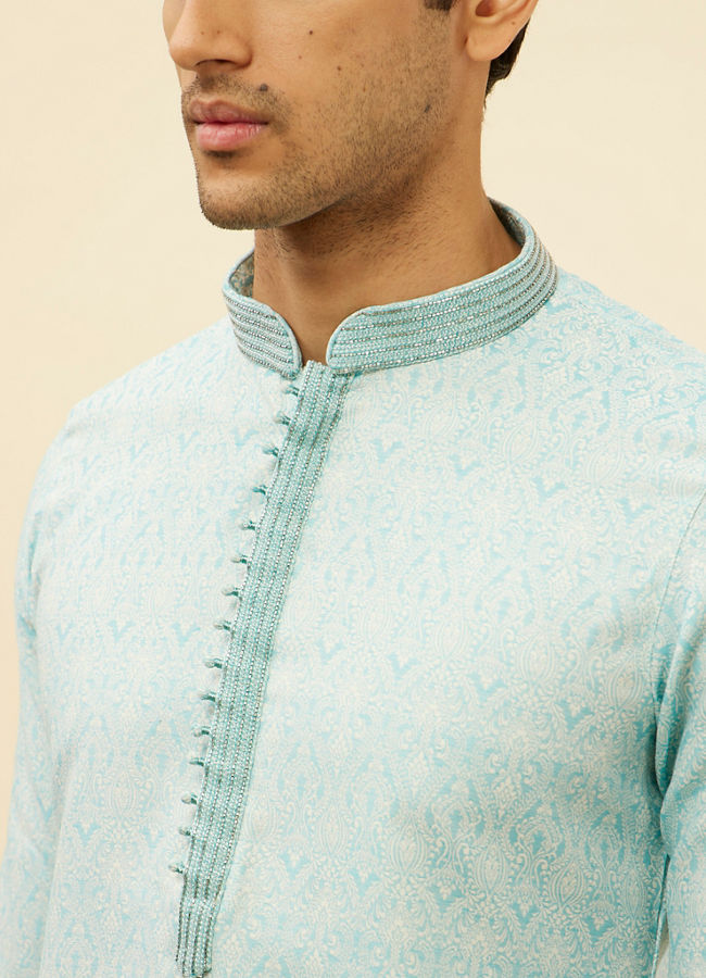 Manyavar Men Sea Blue Imperial Patterned Kurta Set