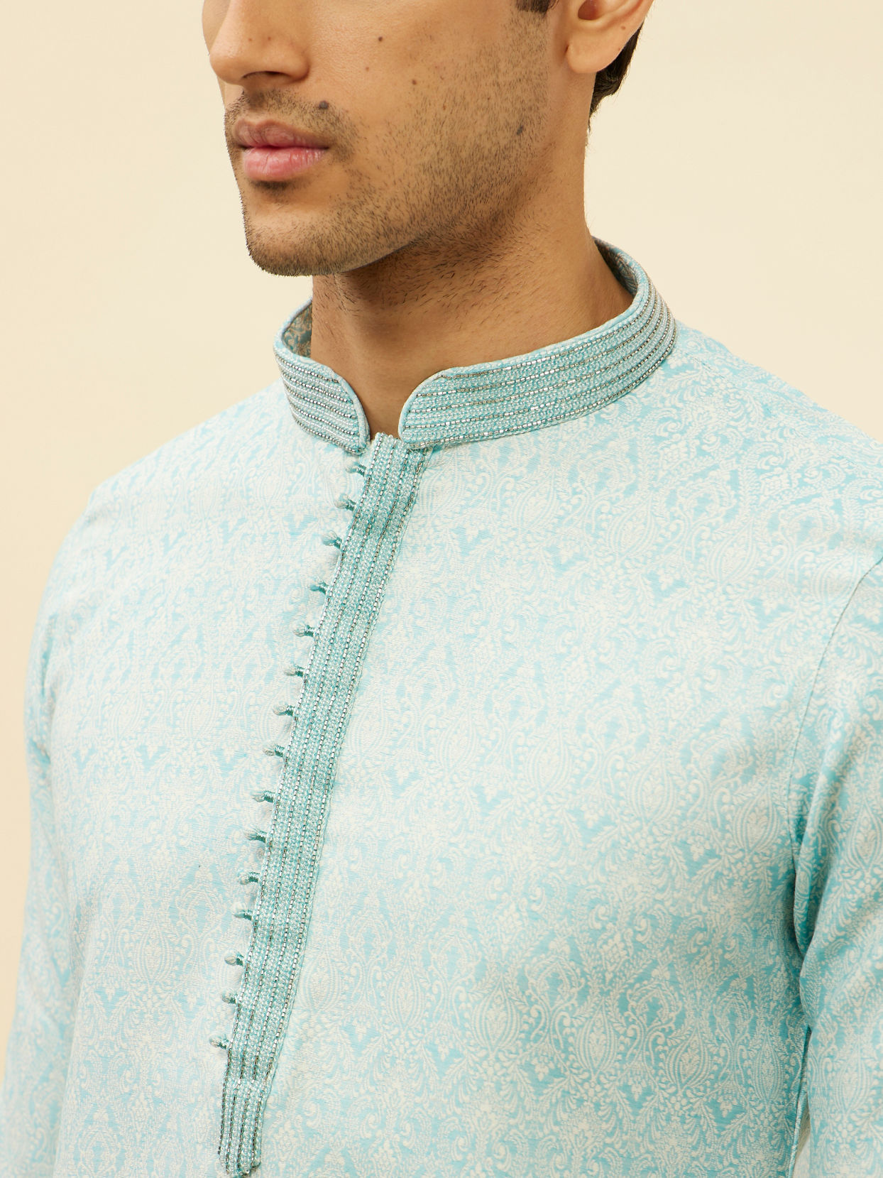 Manyavar Men Sea Blue Imperial Patterned Kurta Set