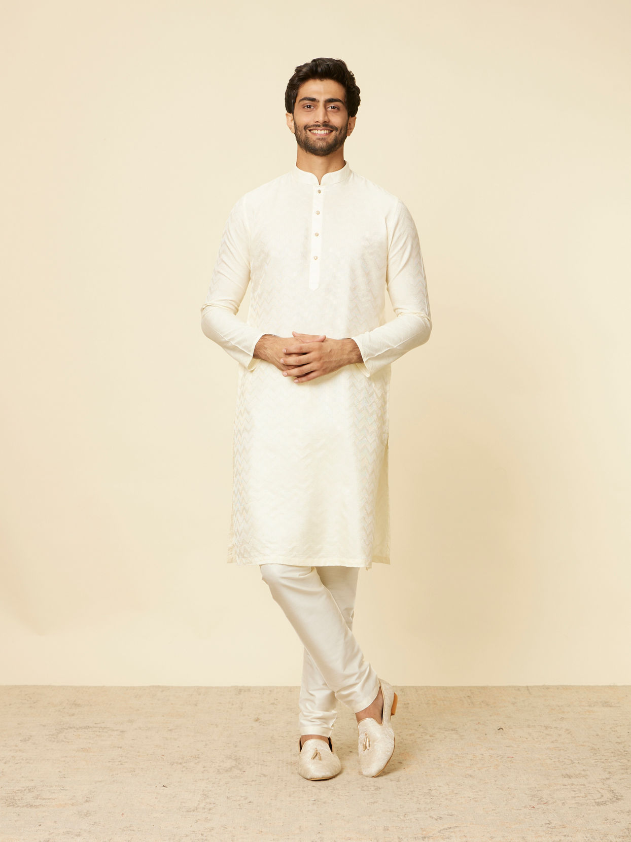 Manyavar Men Cream Ikat Patterned Kurta Set