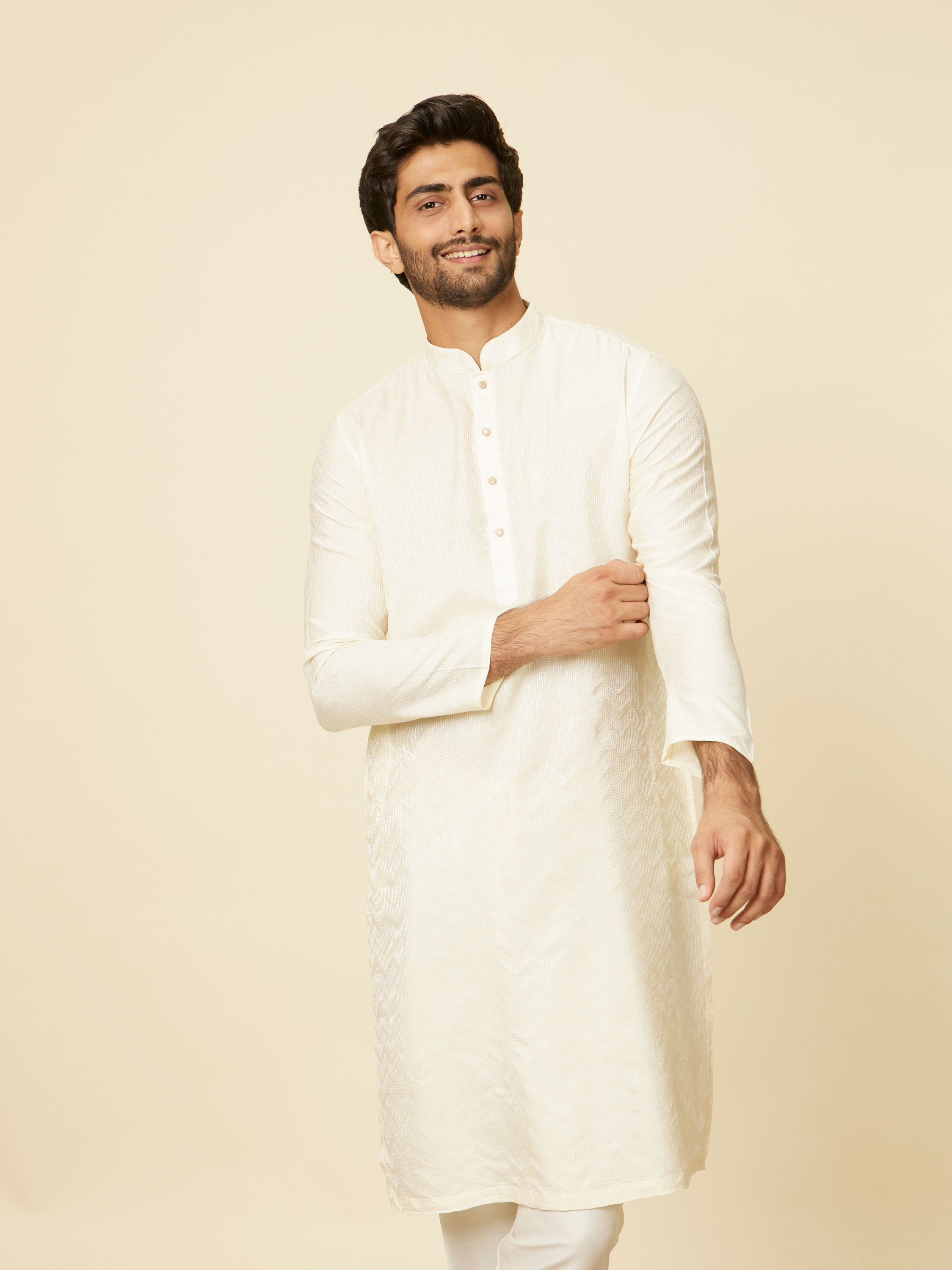 Manyavar Men Cream Ikat Patterned Kurta Set