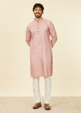 Manyavar Men Peach Chevron Patterned Kurta Set image number 2