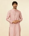 alt message - Manyavar Men Peach Chevron Patterned Kurta Set image number 0