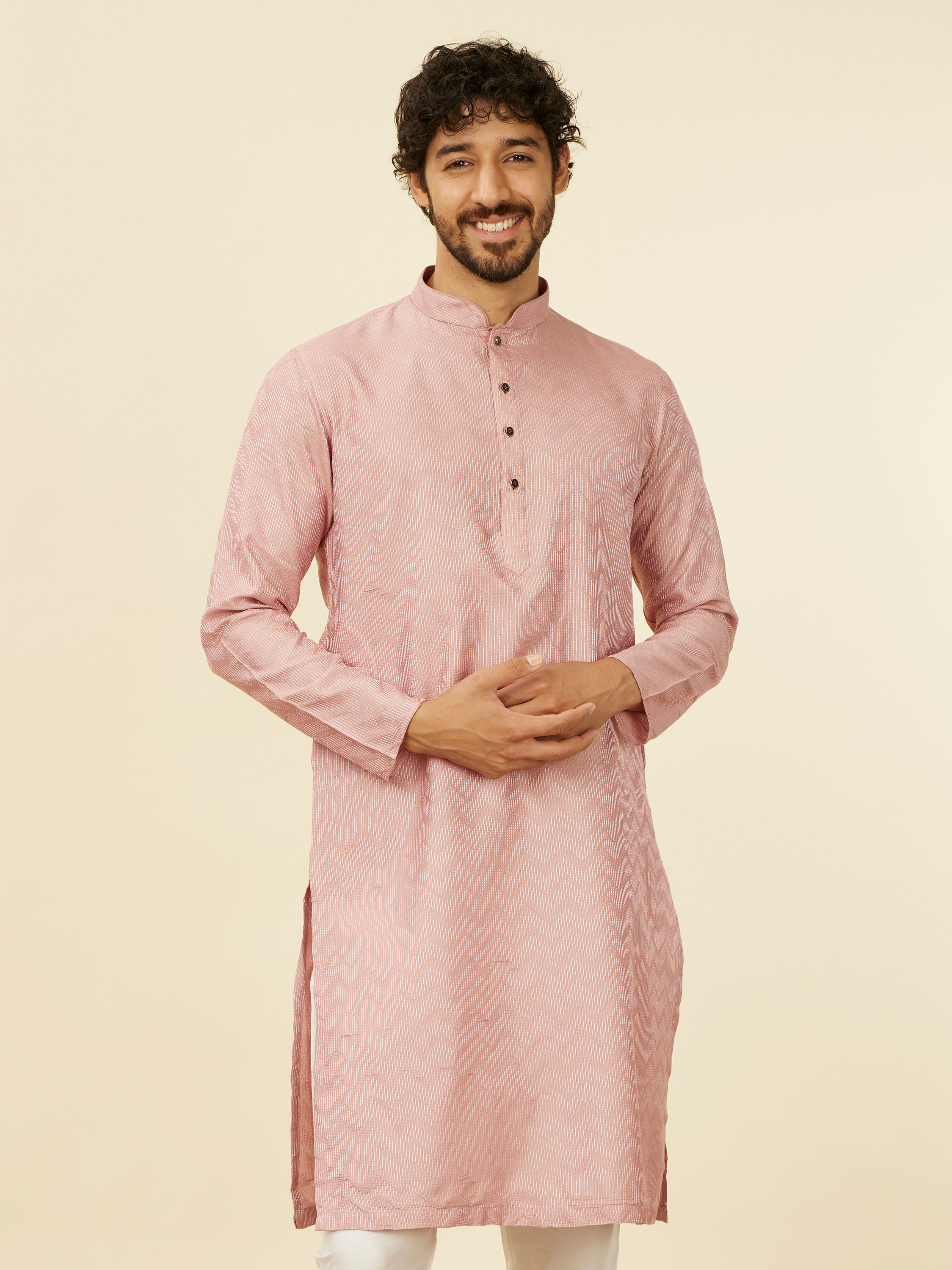 Manyavar Men Peach Chevron Patterned Kurta Set