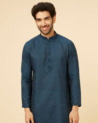 Manyavar Men Indigo Blue Chevron Patterned Kurta Set