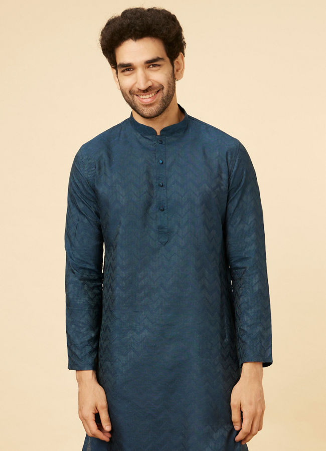 Manyavar Men Indigo Blue Chevron Patterned Kurta Set