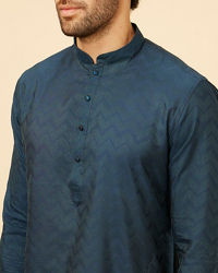 Manyavar Men Indigo Blue Chevron Patterned Kurta Set