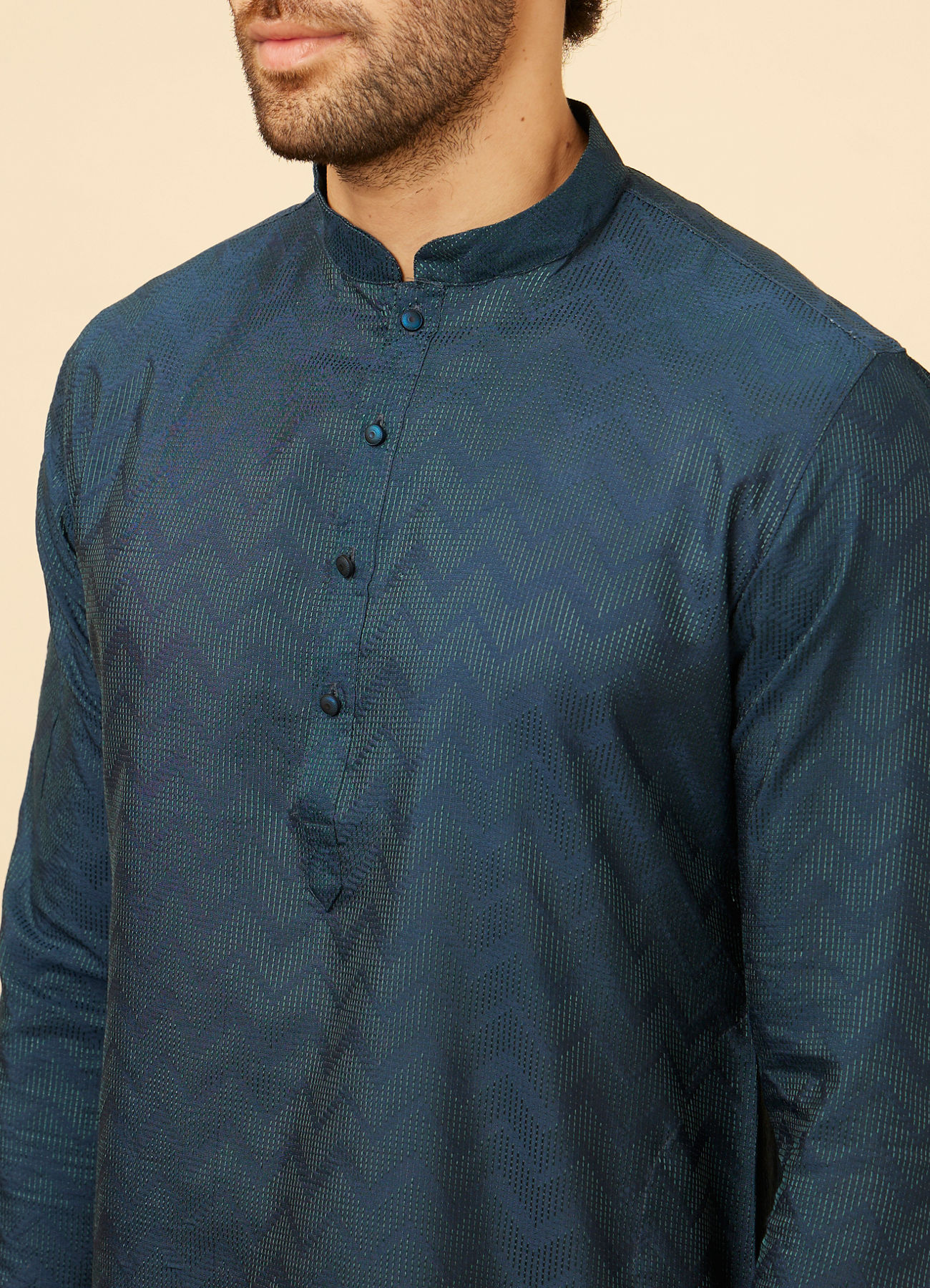 Manyavar Men Indigo Blue Chevron Patterned Kurta Set