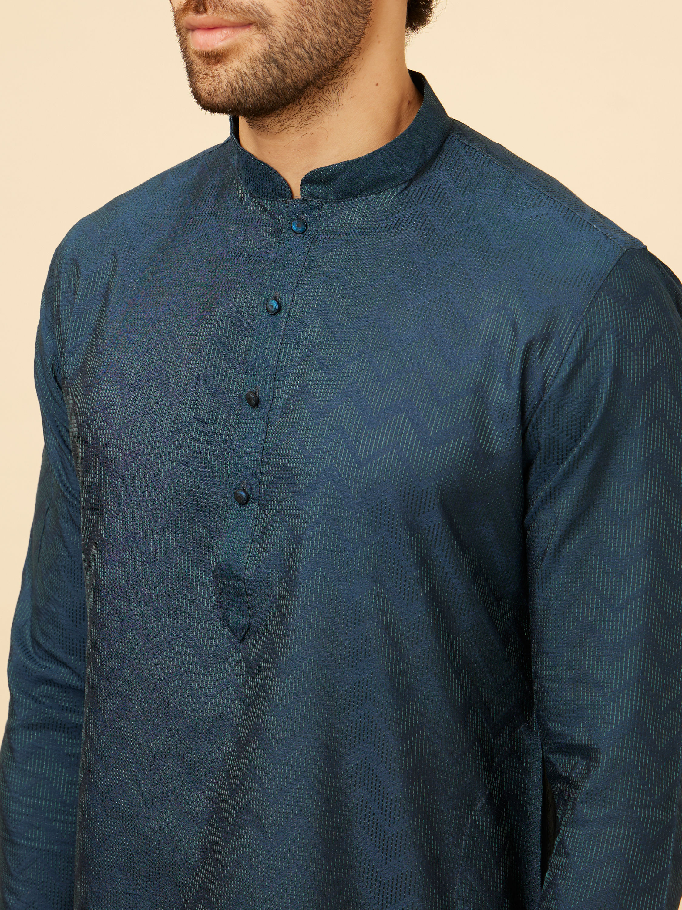 Manyavar Men Indigo Blue Chevron Patterned Kurta Set