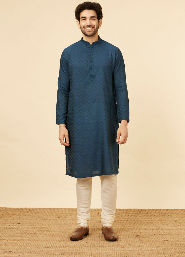 Manyavar Men Indigo Blue Chevron Patterned Kurta Set