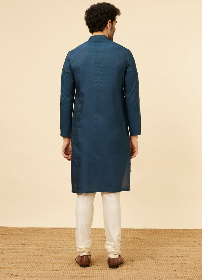Manyavar Men Indigo Blue Chevron Patterned Kurta Set